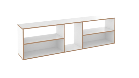 Modulares Regal Tojo hanibal in Weiß mit natürlicher Kantenoptik – geradliniges Design mit zwei offenen Fächern und Mittelsteg.