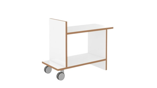 Kleines weißes Möbelstück Tojo freund mit Holzdetails und Rollen, ideal als Beistelltisch oder Ablage im Wohnbereich
