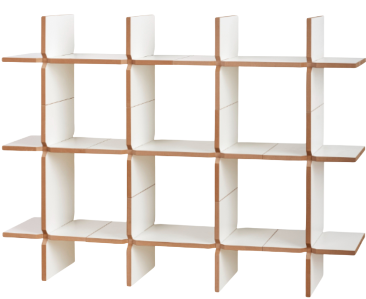 Modernes Tojo solo Regal mit offenen Fächern in weißem Design und naturfarbenen Kanten – ideal als Raumteiler oder Bücherregal.