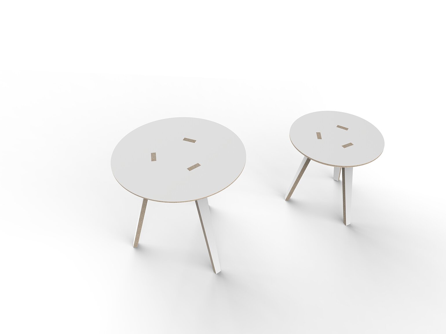 Zwei runde Tische von Tojo in Weiß auf hellem Hintergrund, modernes und schlichtes Design mit dreibeinigem Gestell