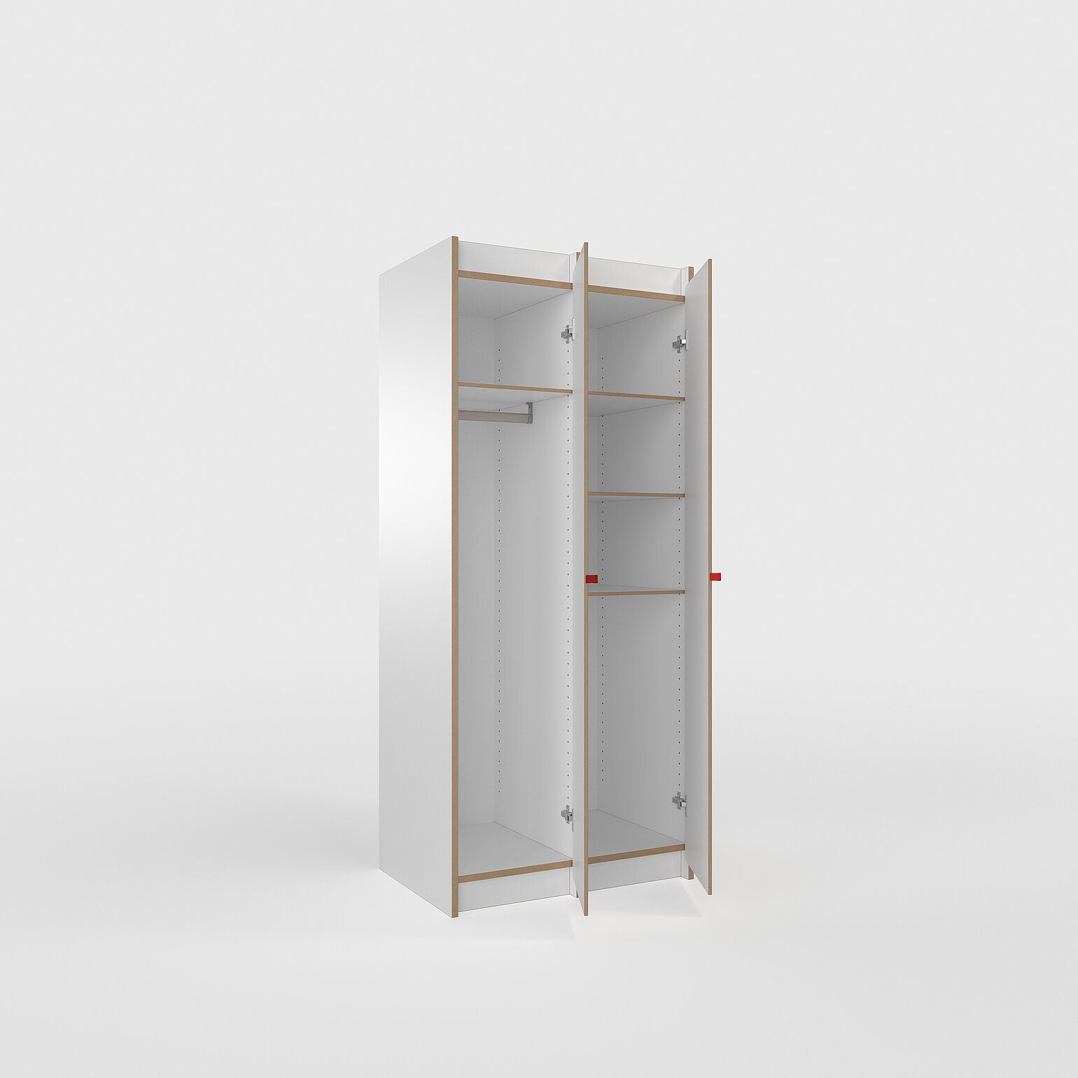 Geöffneter weißer Kleiderschrank Tojo steh mit sichtbaren Schichtholzkanten, Einlegeböden und Kleiderstange auf hellem Hintergrund