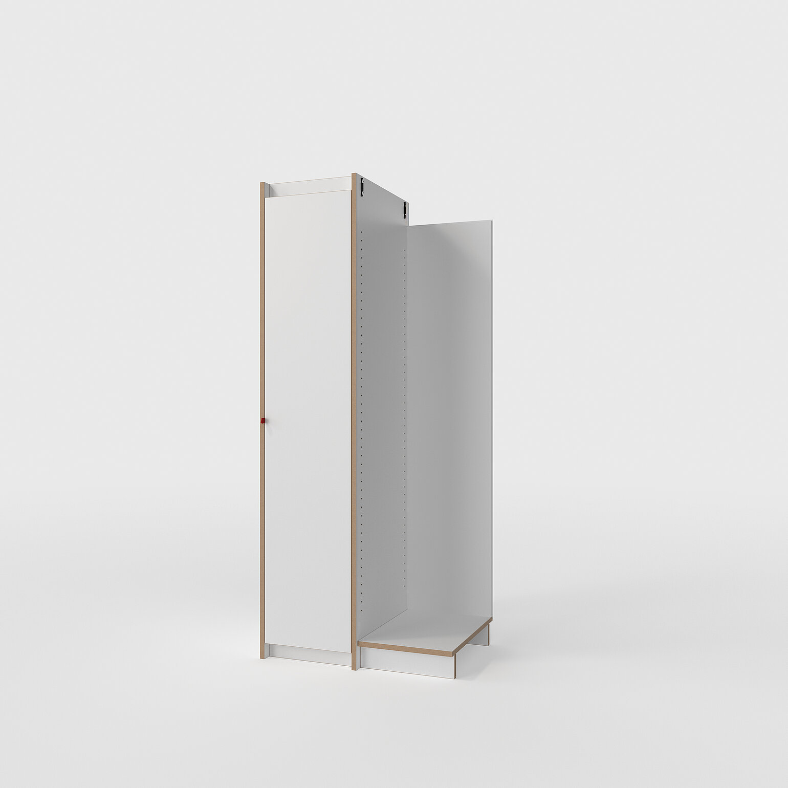 Halb geöffneter Schrank Tojo steh in Weiß mit sichtbaren Schichtholzkanten, modernes und minimalistisches Design auf hellem Hintergrund