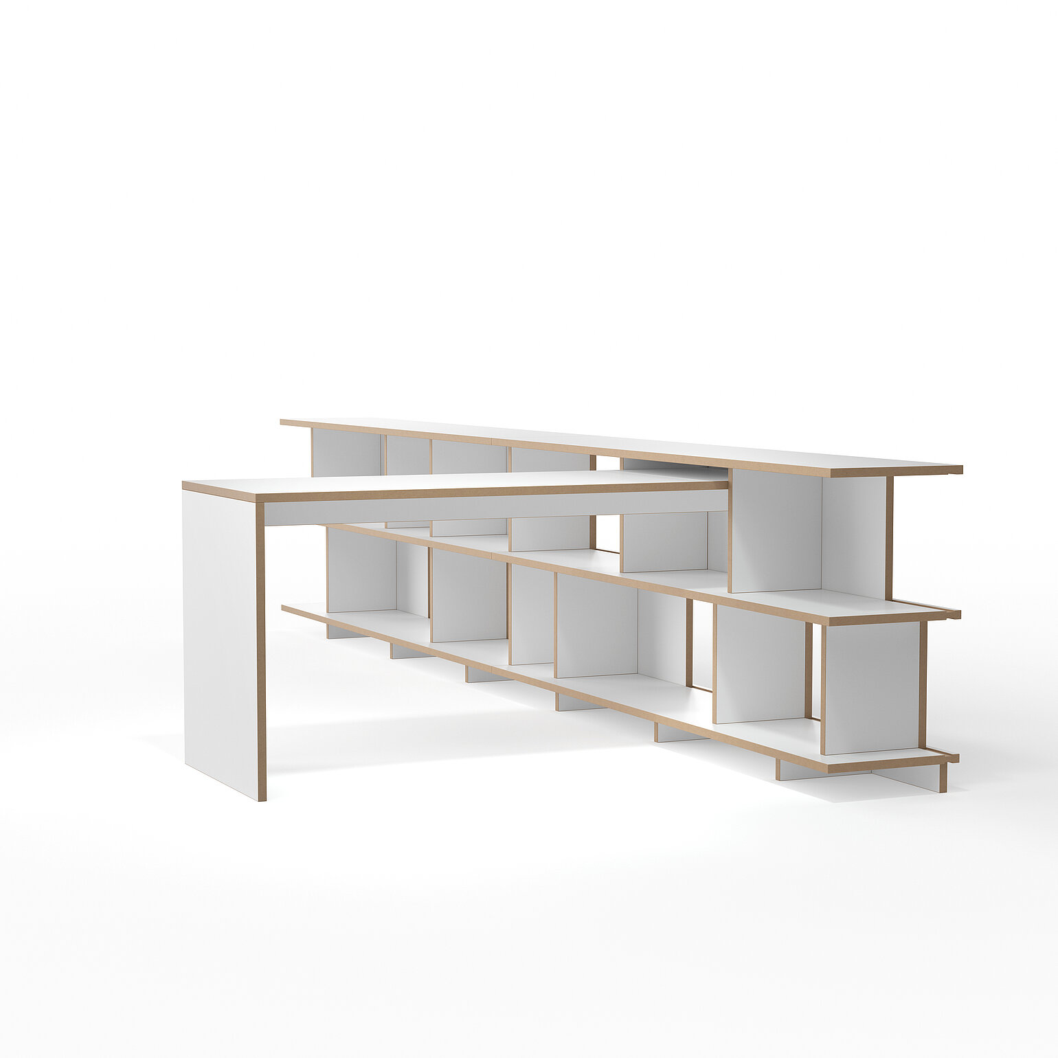 Modulares Tischsystem Tojo anstell mit seitlich integrierten offenen Regalfächern für optimalen Stauraum im Büro oder Homeoffice