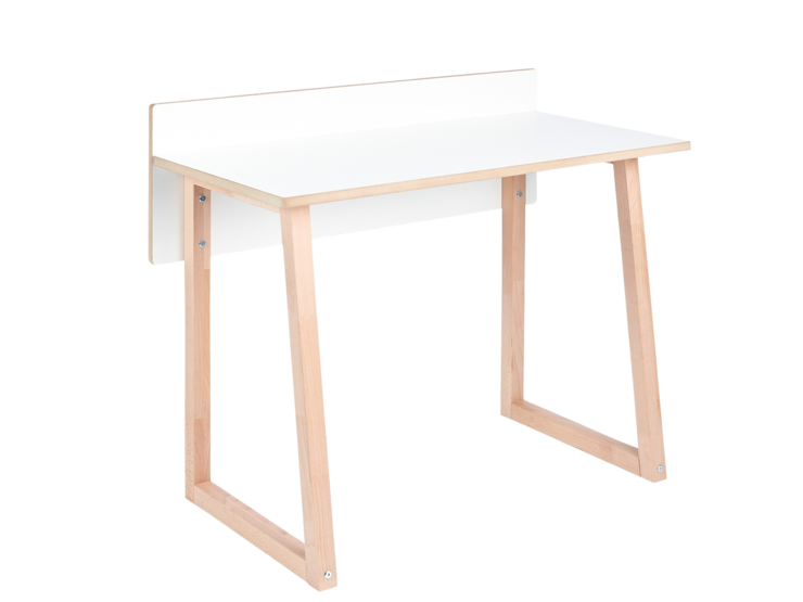Minimalistischer Kinderschreibtisch Tojo werk mit weißer Tischplatte und naturbelassenem Holzgestell