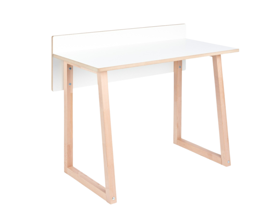 Minimalistischer Kinderschreibtisch Tojo werk mit weißer Tischplatte und naturbelassenem Holzgestell