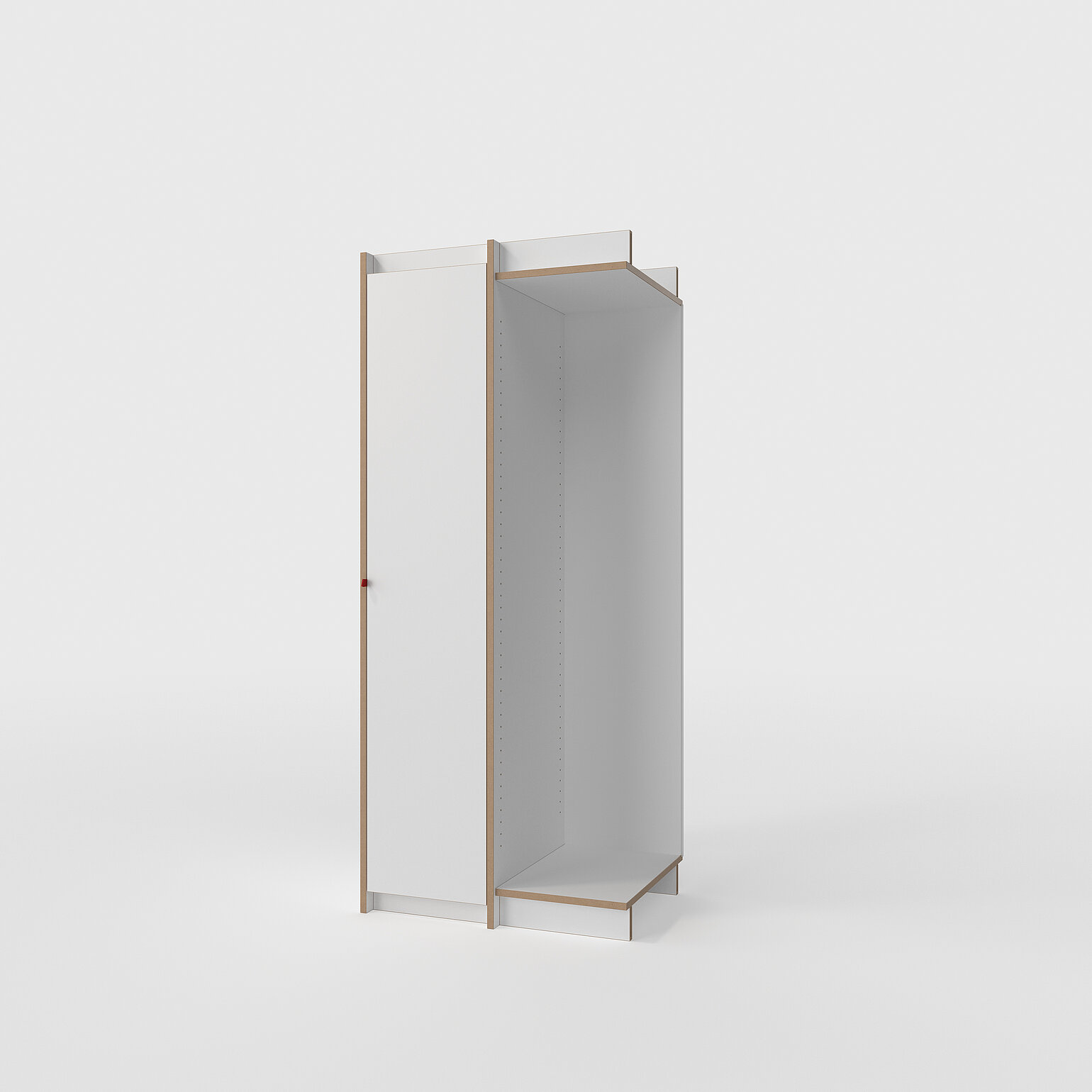 Halb geöffneter Schrank Tojo steh in Weiß mit sichtbaren Schichtholzkanten, modernes und minimalistisches Design auf hellem Hintergrund