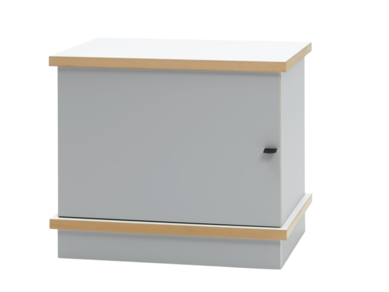 Kompakter, geschlossener Schrank Tojo stap in Grau mit Holzdetails und Tür – ideal zum Stapeln und Aufbewahren.