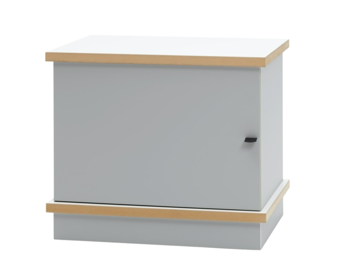 Kompakter, geschlossener Schrank Tojo stap in Grau mit Holzdetails und Tür – ideal zum Stapeln und Aufbewahren.