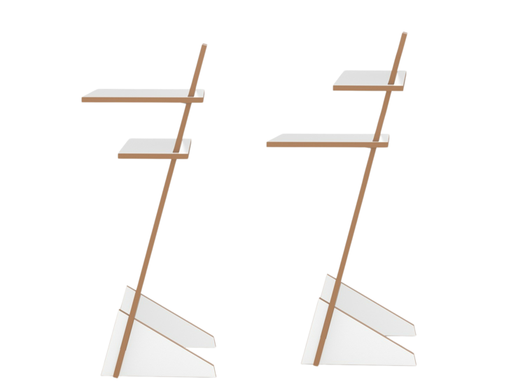 Zwei schlanke Tojo pult Regale mit schräger Standfläche und weißen Ablagen, ideal für Flur oder Wohnbereich