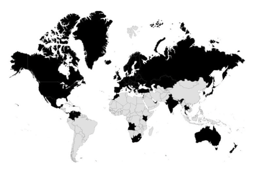 Weltkarte mit farblich markierten Ländern zur Darstellung der internationalen Präsenz von Tojo