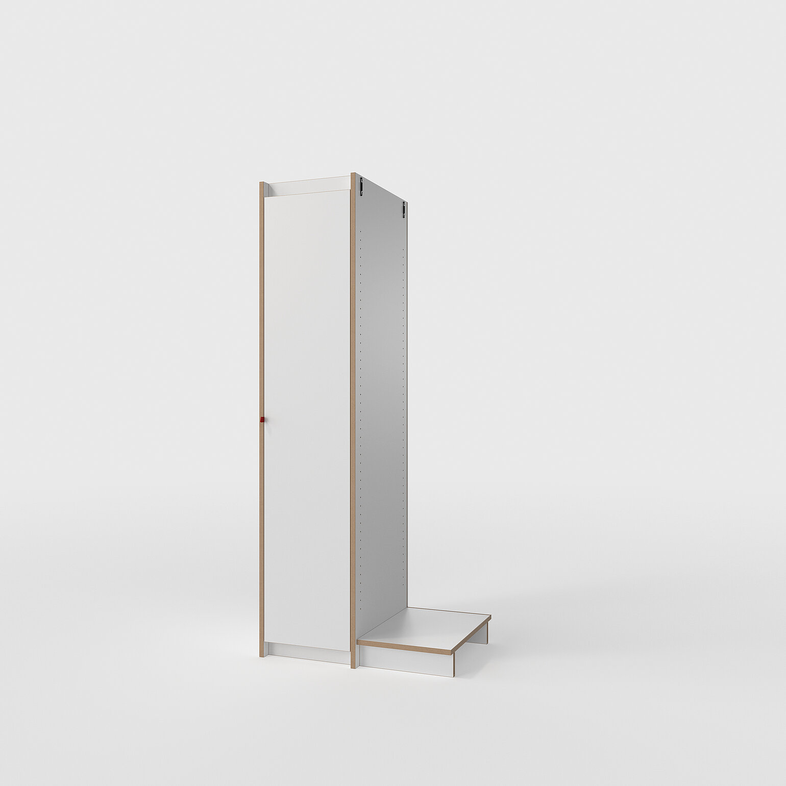 Einzelschrank Tojo steh geöffnet mit herausgezogenem Bodenmodul auf hellem Hintergrund, puristisches Design in Weiß mit Schichtholzkanten