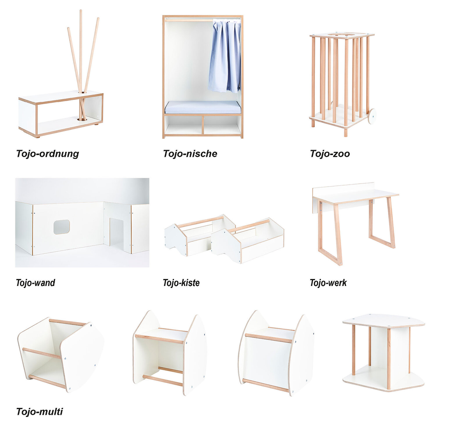 Übersicht der Tojo-kids Serie: verschiedene weiße Kindermöbel mit Holzdetails wie Garderobe, Bank, Bett, Tisch und Aufbewahrungselemente im klaren Design