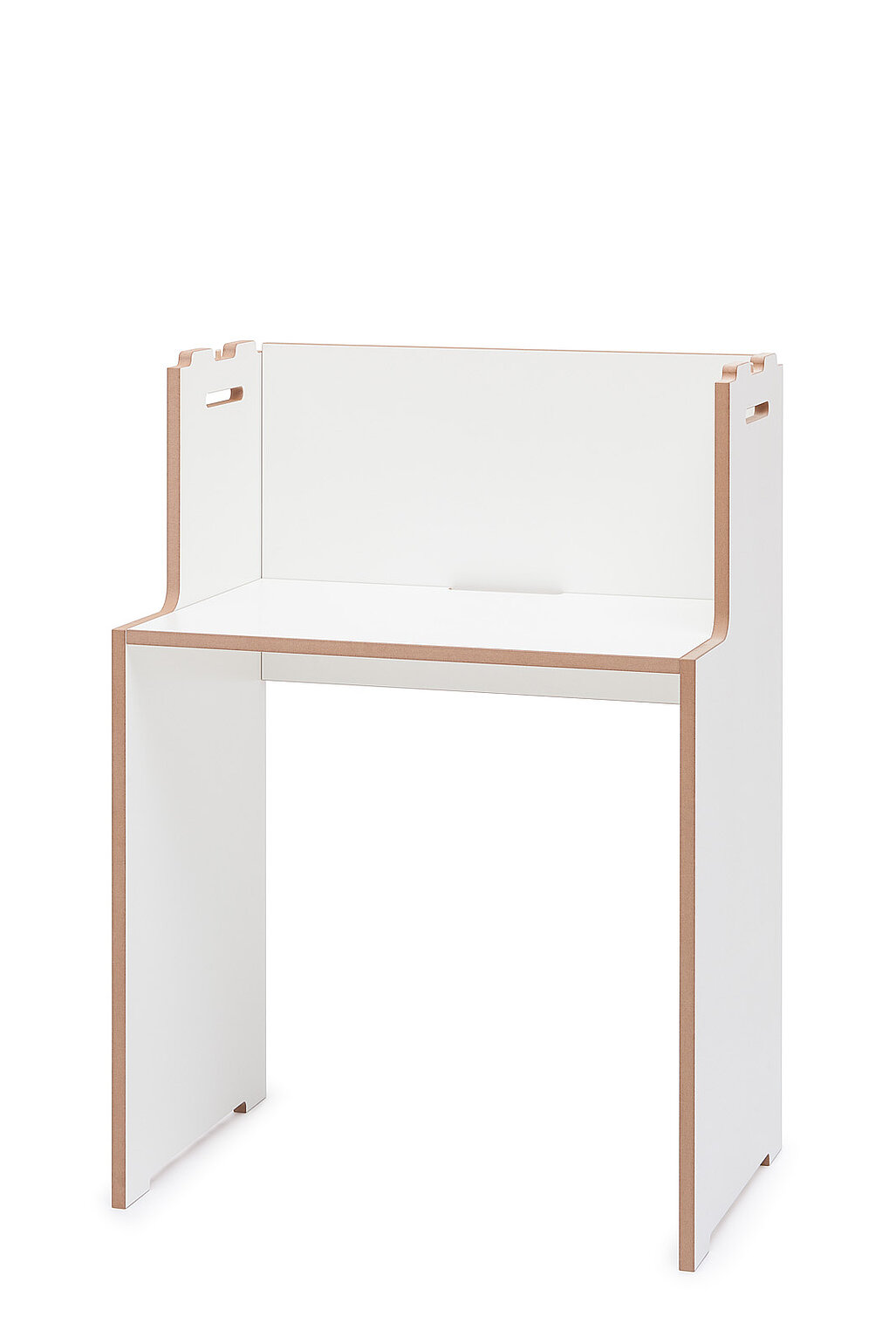 Minimalistischer Schreibtisch von Tojo mit praktischem Aufsatz und klarer Formensprache aus weißem Holz