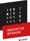 Gewinnerlogo der Iconic Awards 2021 mit schwarzem und rotem Designelement und dem Schriftzug „Innovative Interior – Winner