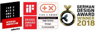 Abbildung von vier Designpreisen: Iconic Awards Interior Innovation 2017 (Selection), iF Design Award 2018, Plus X Award für Qualität, Design und Funktionalität, sowie German Design Award Winner 2018