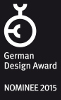 Logo des German Design Award mit der Aufschrift „Nominee 2015“ auf schwarzem Hintergrund