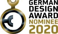 Logo des German Design Award mit gold-schwarzem Emblem und dem Schriftzug „Nominee 2020“