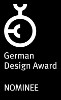 Logo des German Design Award mit dem Schriftzug „Nominee“ in Weiß auf schwarzem Hintergrund