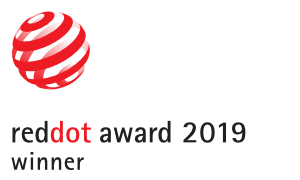 Red Dot Award 2019 Gewinnerlogo mit rotem, spiralförmigem Punkt auf weißem Hintergrund