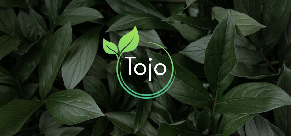 Nachhaltigkeitslogo in klein von Tojo mit grünem Blattmotiv auf dunklem Blätterhintergrund – Symbol für umweltfreundliches Möbeldesign
