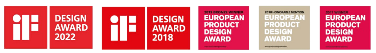Reihe von Design-Auszeichnungen für Tojo-Produkte: iF Design Awards und European Product Design Awards in verschiedenen Kategorien und Jahren
