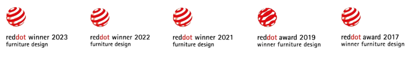 Reihe von Reddot Logos für Tojo-Produkte – ausgezeichnet in den Kategorien Product Design, Best of the Best und Honourable Mention