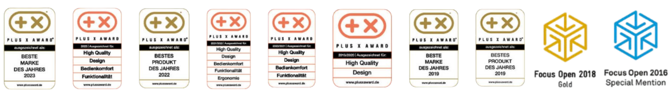 Mehrere Plus X Award-Siegel für Design, Qualität, Funktionalität und Bedienkomfort sowie Universal Design Award – Auszeichnungen für innovative Produktgestaltung bei Tojo