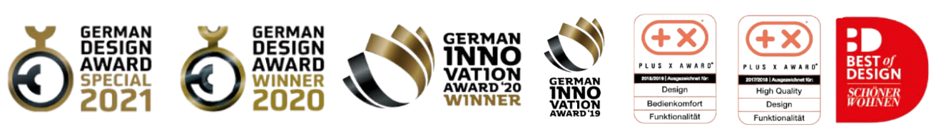 Reihe von Designauszeichnungen für Tojo-Produkte: German Design Award Winner, Plus X Award für Qualität, Design und Funktionalität sowie Reddot Award