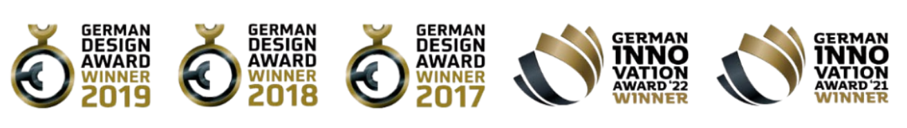 Mehrere German Design Award Winner-Logos von 2016 bis 2022 in Schwarz und Gold – kontinuierliche Anerkennung für herausragendes Produktdesign von Tojo