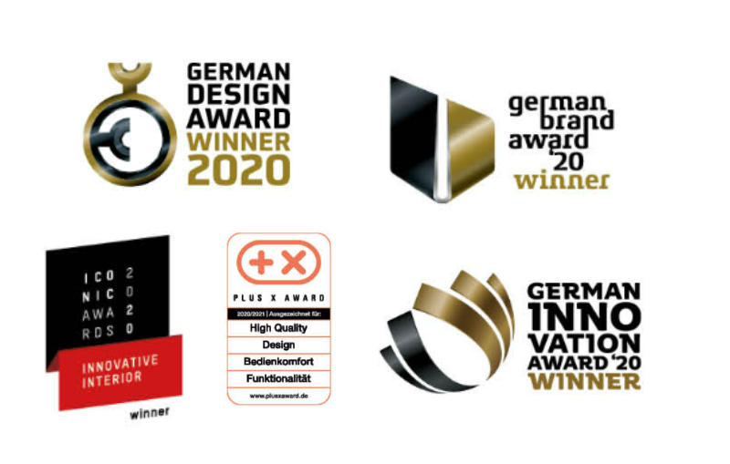 Award-Übersicht 2020 mit Logos vom German Design Award, German Brand Award, German Innovation Award, Plus X Award, Iconic Award und „Die großen deutschen Marken“