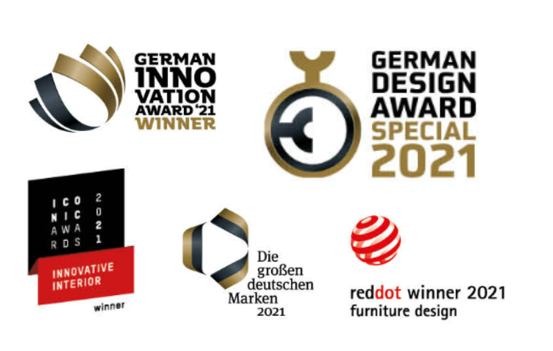 Übersicht bedeutender Awards 2021 für Tojo: German Innovation Award, German Design Award Special, Red Dot, Iconic Award, sowie „Die großen deutschen Marken“
