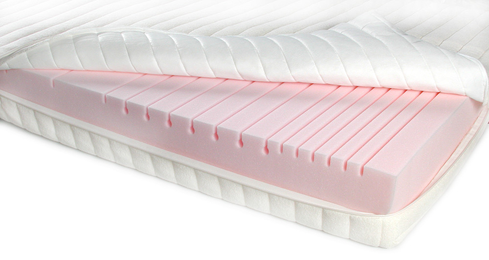 Detailaufnahme einer mehrschichtigen Matratze mit aufgeschnittenem Bezug, sichtbarem rosa Schaumkern und ergonomischer Profilierung