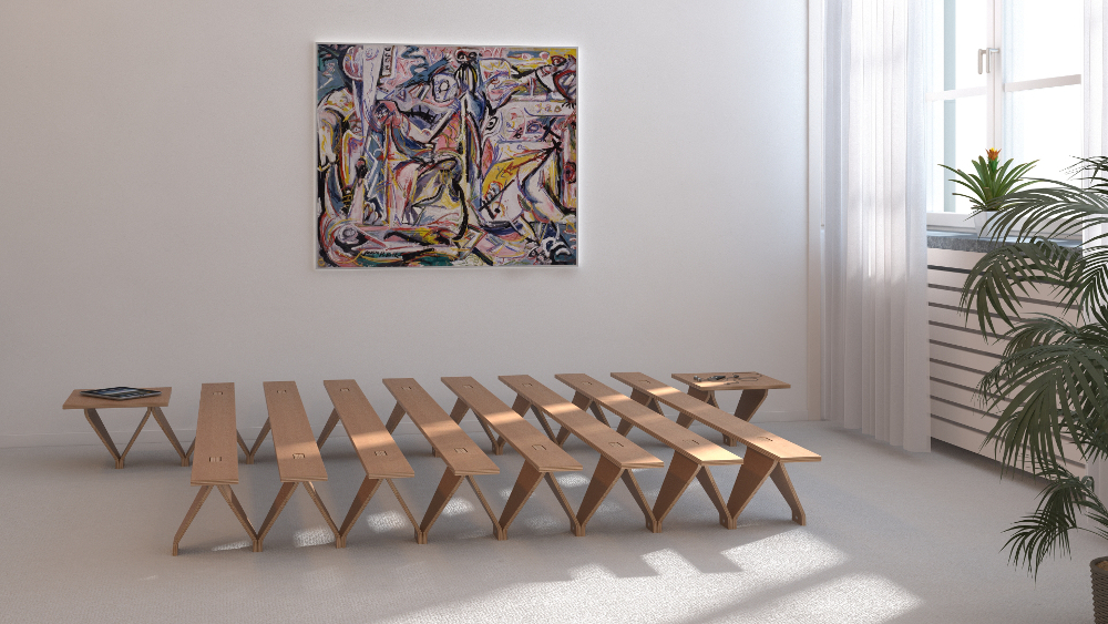 Tojo lieg Bettgestell aus Holz in einem lichtdurchfluteten Raum, ergänzt durch ein Beistellelement, moderne Wandkunst und Zimmerpflanze – minimalistisches, stilvolles Interior