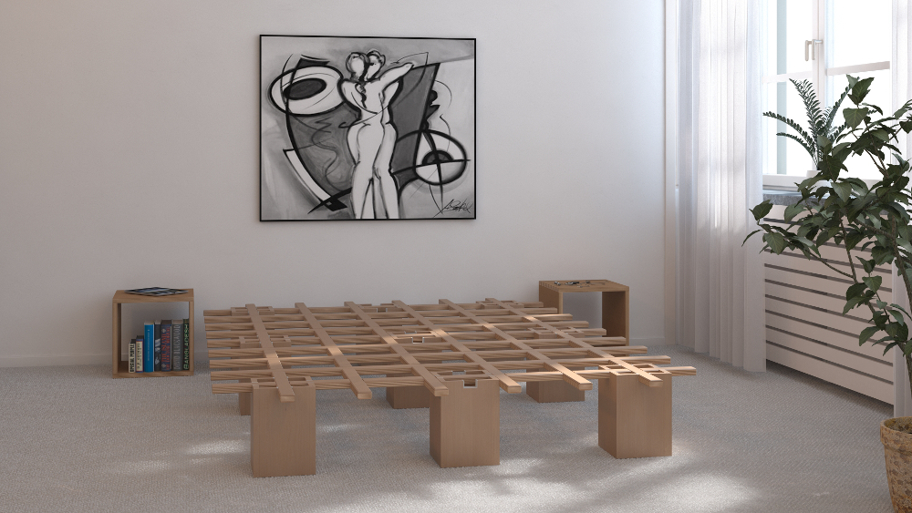 Tojo System Bettgestell aus Holz in einem lichtdurchfluteten Raum, kombiniert mit einem modernen Kunstwerk und Pflanzen – zeitloses Design