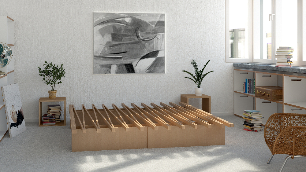 Tojo v Bettgestell aus Holz in einem lichtdurchfluteten Raum, kombiniert mit minimalistischen Möbeln und Kunstwerk an der Wand