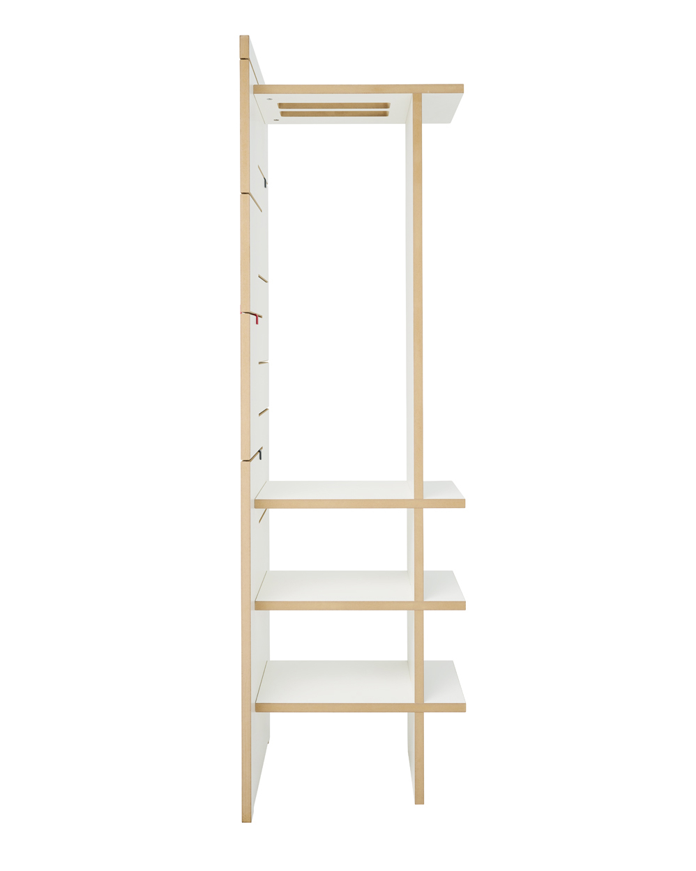 Seitenansicht der Tojo Angeber 500 Garderobe aus Holz mit Stange und Regalen für ordentlichen Stauraum