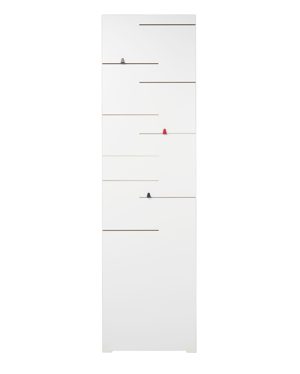 Frontansicht der Tojo Angeber 500 Garderobe, mit klaren Linien, minimalistischen Regalen und farbigen Akzenten