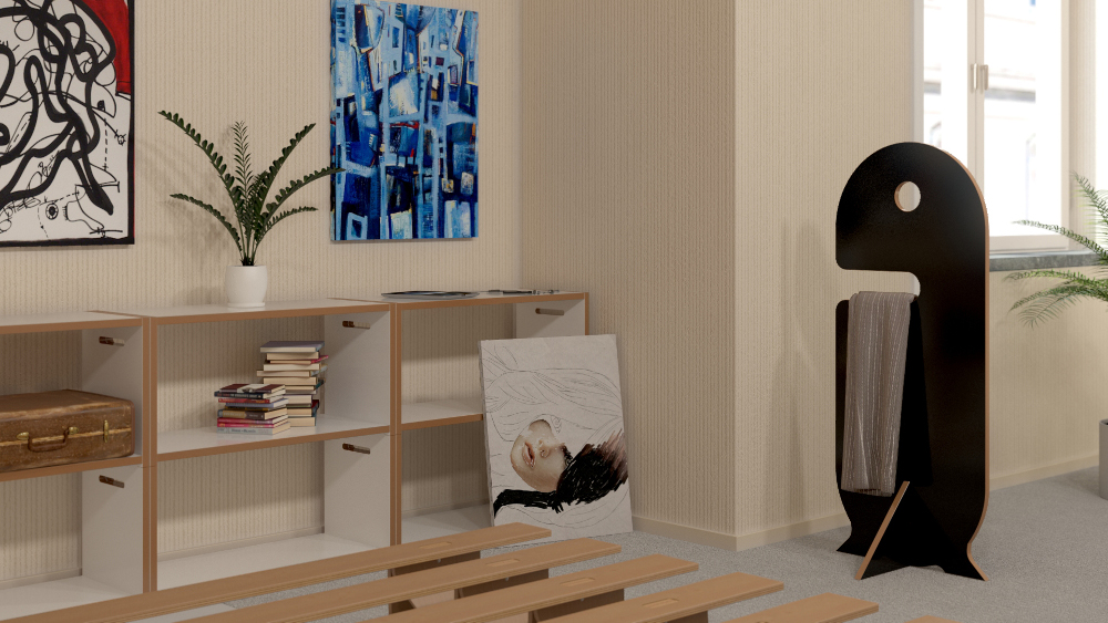 Tojo Dienerle Kleiderständer in schwarz in einem modernen, minimalistischen Raum mit Kunstwerken und Holzregalen, ideal für das zeitgenössische Interieur