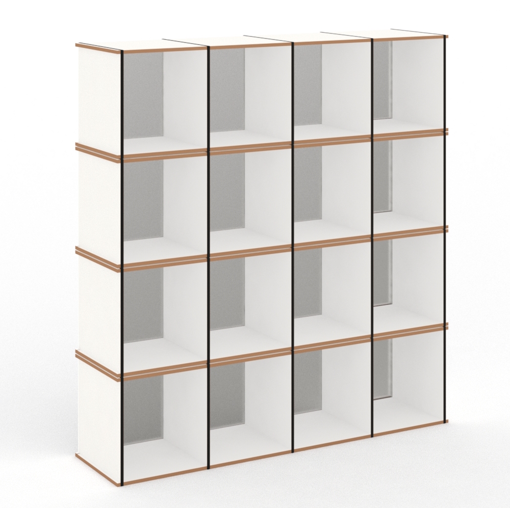 Ein weißes Regal von Tojo mit mehreren Fächern, geeignet für Akten und Aufbewahrung, ausgestattet mit einem minimalistischen Design und Ecken in Holzoptik.