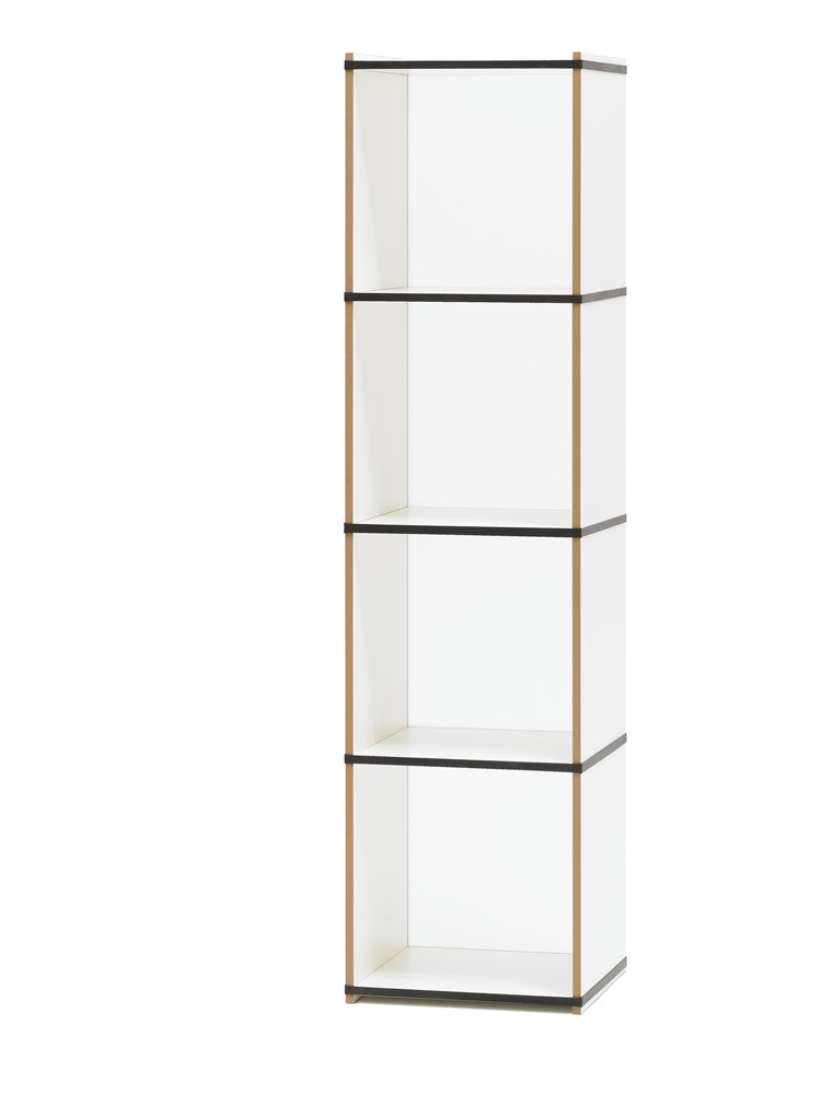 Das Tojo Aktenpack Regal besteht aus vier offenen Fächern und besticht durch sein minimalistisches Design mit weißen Seitenwänden und Ecken in Holzoptik. Ideal für die Aufbewahrung von Akten und Ordnern.