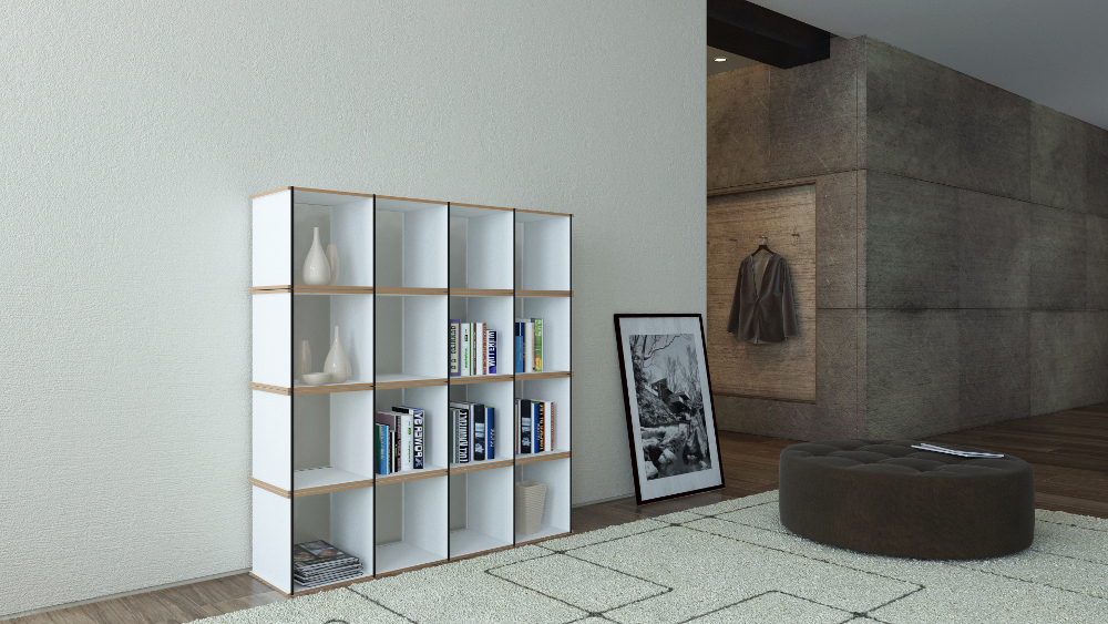 Tojo Aktenpack Regal in mittlerer Größe, elegant platziert an einer Wand, mit verschiedenen Fächern für Bücher und Akten.