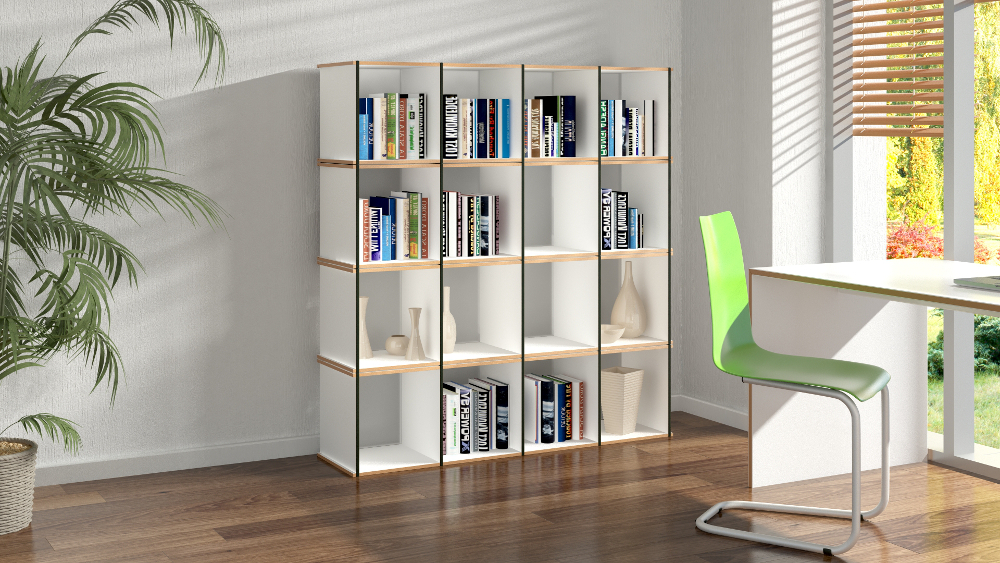 Tojo Aktenpack Regal in großer Variante, gefüllt mit Büchern und Akten, platziert in einem modernen Arbeitszimmer mit Schreibtisch und grüner Stuhl, gut ausgeleuchtet durch Fensterlicht.