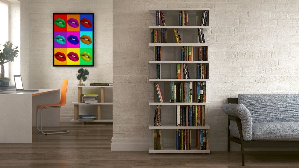 Tojo Bieg Regal in einem modernen Raum, verwendet als schlanker Bücherregal, das eine stilvolle und funktionale Lösung für die Aufbewahrung von Büchern und Dekoration bietet.