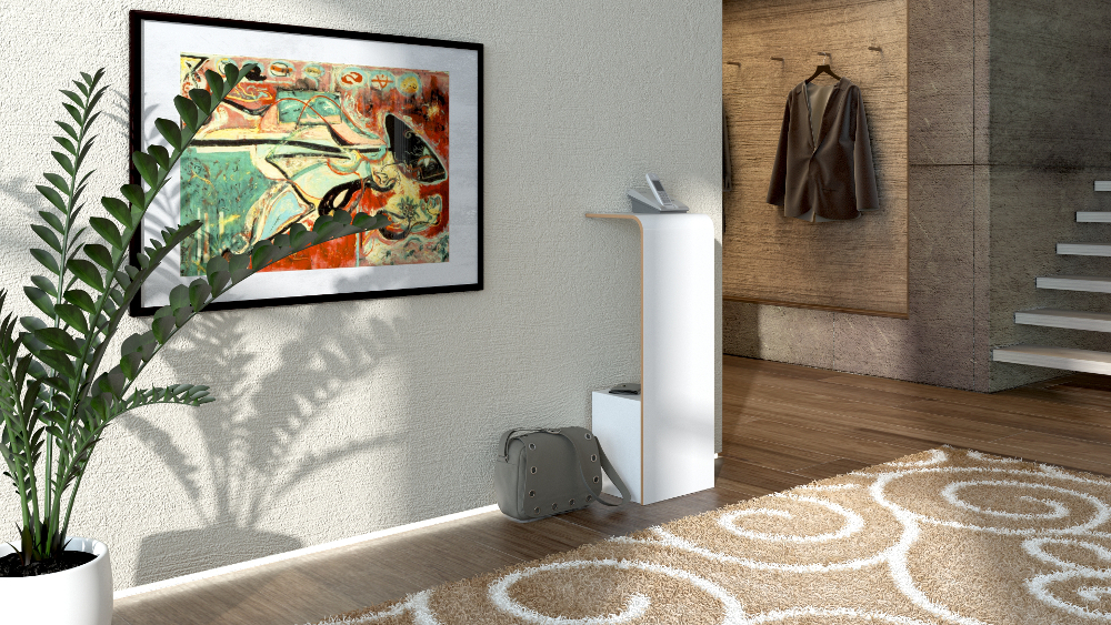 Weißes Tojo Regal „fon“ als stilvolle Telefonablage im modern eingerichteten Flur mit Teppich, Pflanze und Wandkunst
