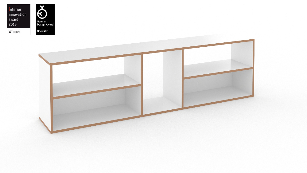 Weißes Regal „hanibal“ von Tojo mit naturbelassenem Holzrahmen – offenes Sideboard mit symmetrischer Aufteilung und schlichtem Design