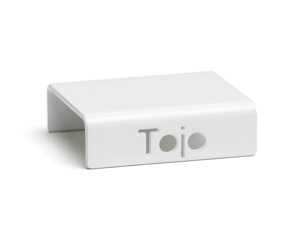 Kleines weißes Podest von Tojo mit ausgestanztem Logo – minimalistisches Zubehör zur Präsentation oder als Buchstütze