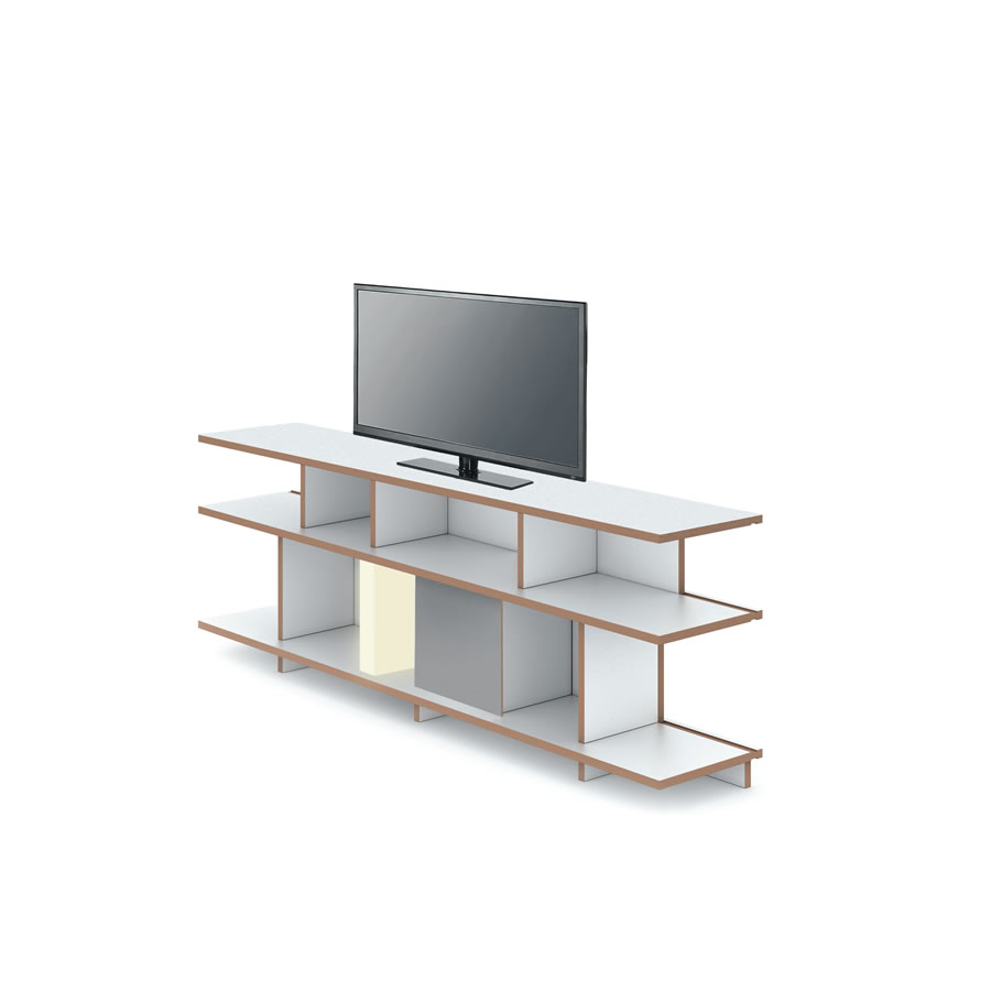 Regal „stell“ von Tojo als TV-Lowboard mit drei offenen Ebenen, naturbelassener Kante und modularen Fächern