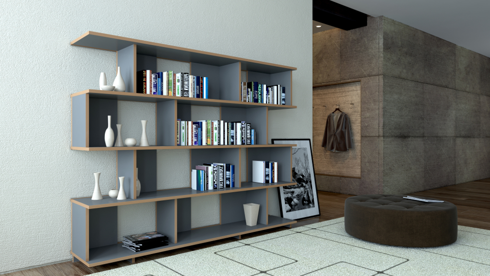 Tojo Regal „stell“ in dunkelgrauer Ausführung mit naturbelassener Kante, aufgestellt im Wohnraum – dreistufiges Regal mit versetzten Fächern für Bücher und Deko