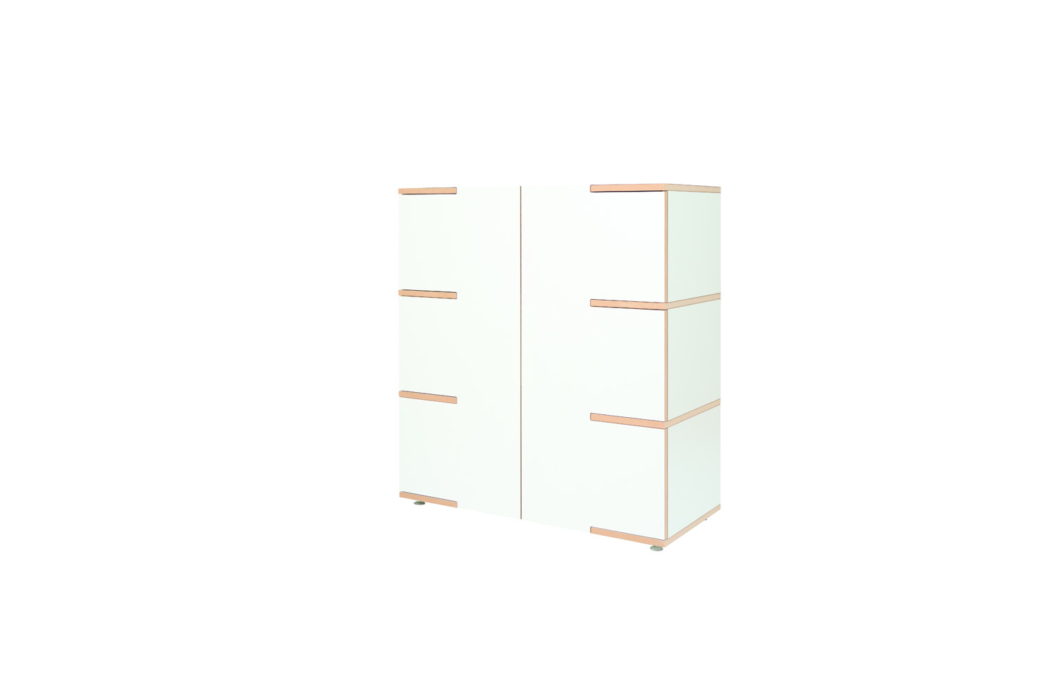 Weißer, hoher Schrank Tojo stau mit drei übereinanderliegenden Modulen und sichtbaren Holzdetails