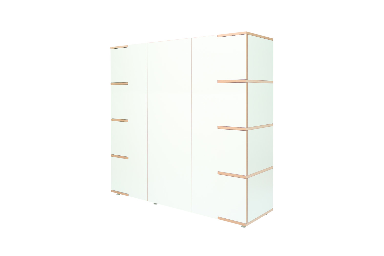 Weißer, minimalistischer Schrank Tojo stau mit acht Türen und naturbelassenen Kanten, in moderner Optik